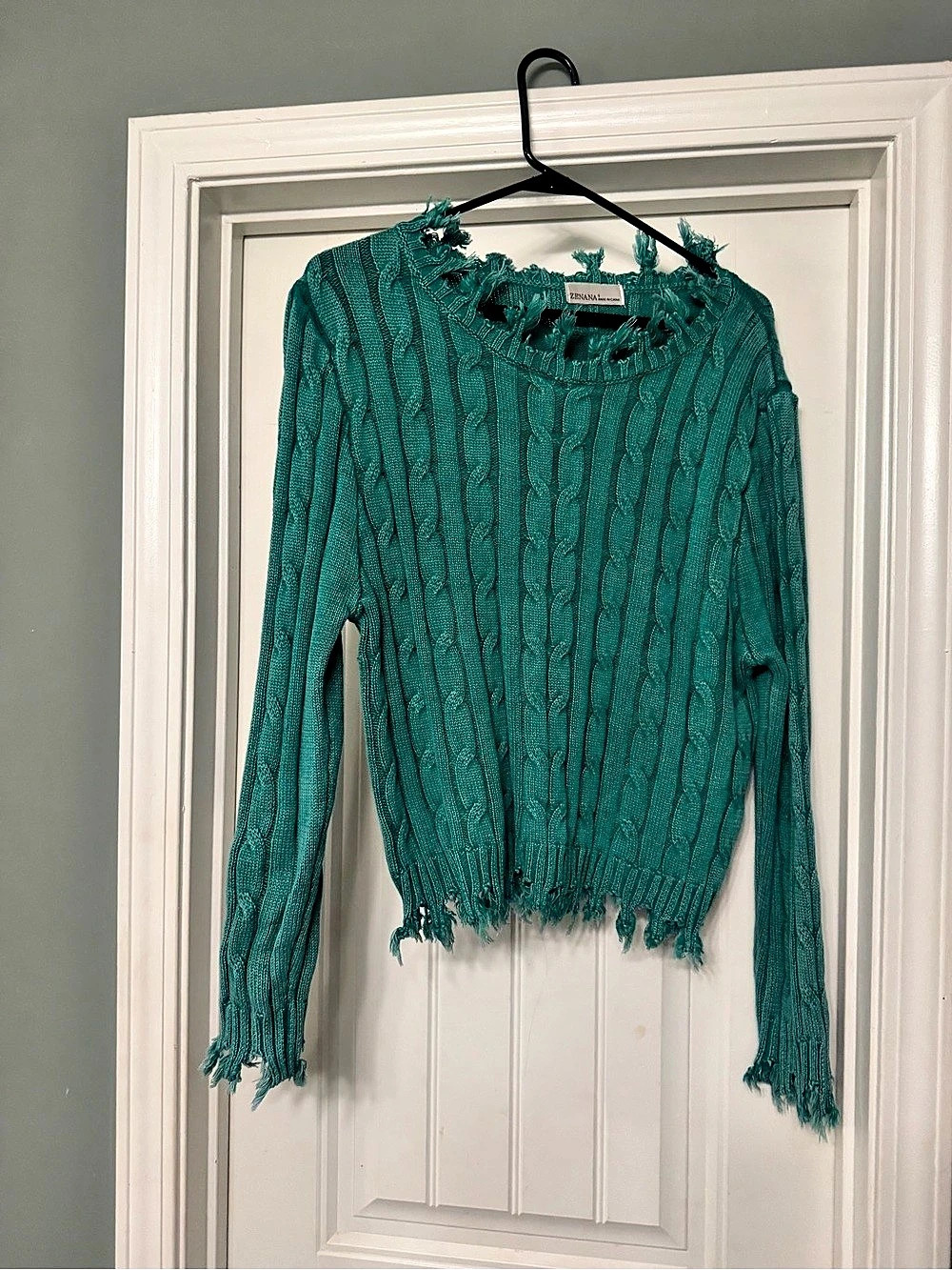 Zenana Small Teal Distressed Frayed Cable Knit Sweater Boho Oversized